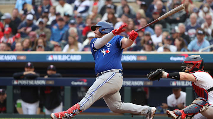 Oct 4, 2023; Minneapolis, Minnesota, USA; Toronto Blue Jays catcher Alejandro Kirk (30) hits a