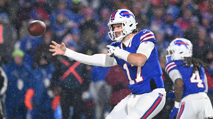 Dec 1, 2024; Orchard Park, New York, USA; Buffalo Bills quarterback Josh Allen (17) throws a pass in the first quarter