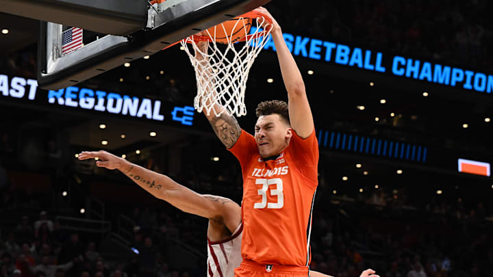 Mar 28, 2024; Boston, MA, USA;Illinois Fighting Illini forward Coleman Hawkins (33) dunks the ball