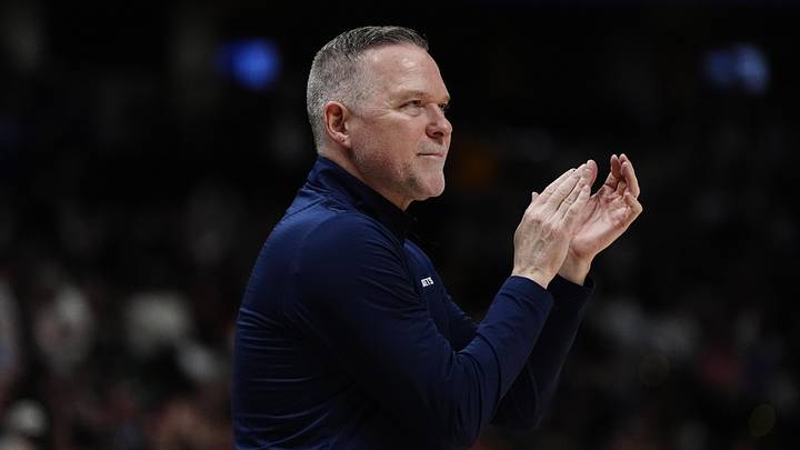 Feb 5, 2025; Denver, Colorado, USA; Denver Nuggets head coach Michael Malone reacts in the second half against the New Orleans Pelicans at Ball Arena. Mandatory Credit: Ron Chenoy-Imagn Images