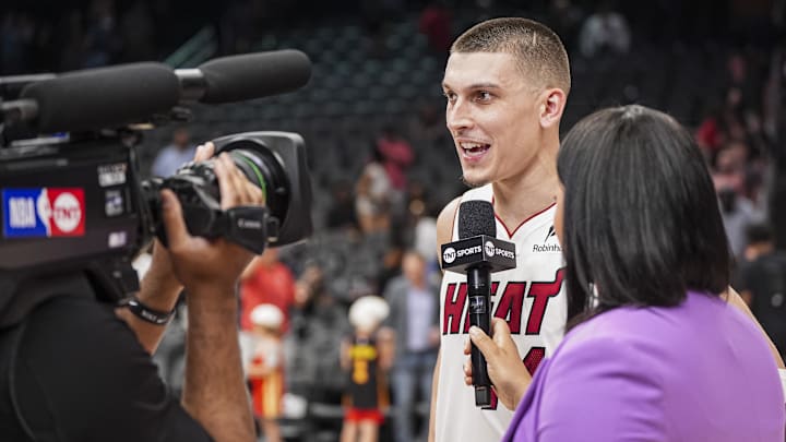 Apr 18, 2025; Atlanta, Georgia, USA; Miami Heat guard Tyler Herro (14) is interviewed after the Heat defeated the Atlanta Hawks in overtime at State Farm Arena. Mandatory Credit: Dale Zanine-Imagn Images Apr 18, 2025; Atlanta, Georgia, USA; Miami Heat guard Tyler Herro (14) is interviewed after the Heat defeated the Atlanta Hawks in overtime at State Farm Arena. Mandatory Credit: Dale Zanine-Imagn Images