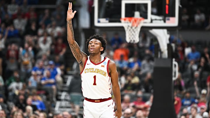 Mar 22, 2026; St. Louis, MO, USA; Iowa State Cyclones guard Jamarion Batemon (1) celebrates after a play during the second half against the Kentucky Wildcats during a second round game of the men's 2026 NCAA Tournament at Enterprise Center. Mandatory Credit: Jeff Le-Imagn Images