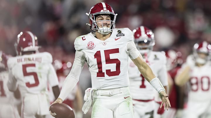 Dec 19, 2025; Norman, OK, USA; Alabama Crimson Tide quarterback Ty Simpson (15) celebrates a win after a game against the  Oklahoma Sooners at Gaylord Family OK Memorial Stadium. 
