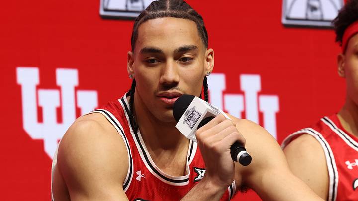 Oct 22, 2025; Kansas City, MO, USA; Utah’s Keanu Dawes speaks to media during Big 12 Men’s Basketball media day at T-Mobile Center. Mandatory Credit: Sophia Scheller-Imagn Images