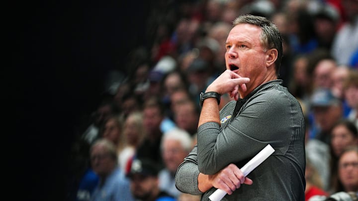 Nov 19, 2024; Lawrence, Kansas, USA; Kansas Jayhawks head coach Bill Self reacts during the second half against the North Carolina-Wilmington Seahawks at Allen Fieldhouse. Mandatory Credit: Jay Biggerstaff-Imagn Images Nov 19, 2024; Lawrence, Kansas, USA; Kansas Jayhawks head coach Bill Self reacts during the second half against the North Carolina-Wilmington Seahawks at Allen Fieldhouse. Mandatory Credit: Jay Biggerstaff-Imagn Images