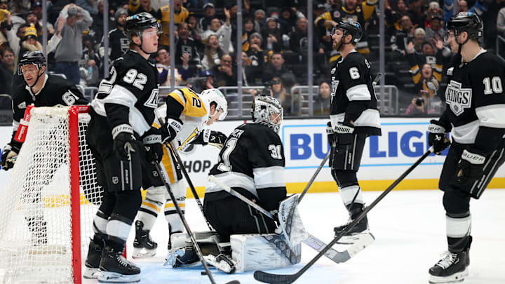 Jan 20, 2025; Los Angeles, California, USA;  Pittsburgh Penguins left wing Anthony Beauvillier (72) reacts after scoring a goal against Los Angeles Kings goaltender David Rittich (31) during the third period at Crypto.com Arena. Mandatory Credit: Kiyoshi Mio-Imagn Images