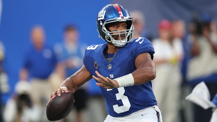 Aug 16, 2025; East Rutherford, New Jersey, USA; New York Giants quarterback Russell Wilson (3) drops back to pass during the first half against the New York Jets at MetLife Stadium. Mandatory Credit: Vincent Carchietta-Imagn Images