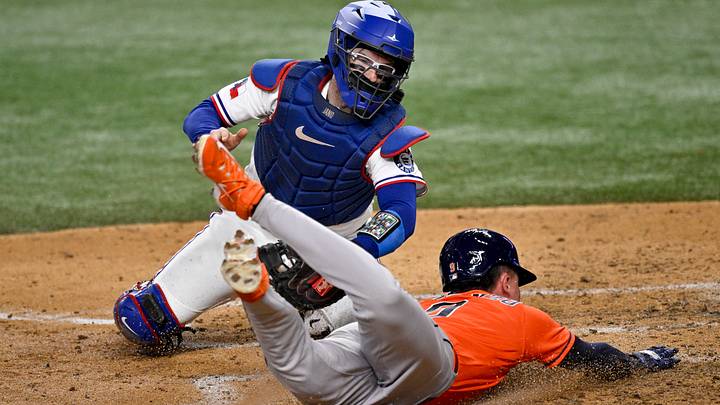 Texas Rangers catcher Danny Jansen. Texas Rangers catcher Danny Jansen.