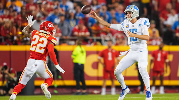 Sep 7, 2023; Kansas City, Missouri, USA; Detroit Lions quarterback Jared Goff (16) throws a pass against Kansas City Chiefs cornerback Trent McDuffie (22) during the second half at GEHA Field at Arrowhead Stadium. Mandatory Credit: Jay Biggerstaff-Imagn Images