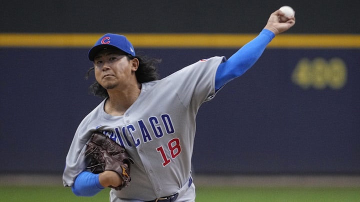 May 4, 2025; Milwaukee, Wisconsin, USA; Chicago Cubs pitcher Shota Imanaga (18) delivers a pitch against the Milwaukee Brewers in the first inning at American Family Field. May 4, 2025; Milwaukee, Wisconsin, USA; Chicago Cubs pitcher Shota Imanaga (18) delivers a pitch against the Milwaukee Brewers in the first inning at American Family Field.