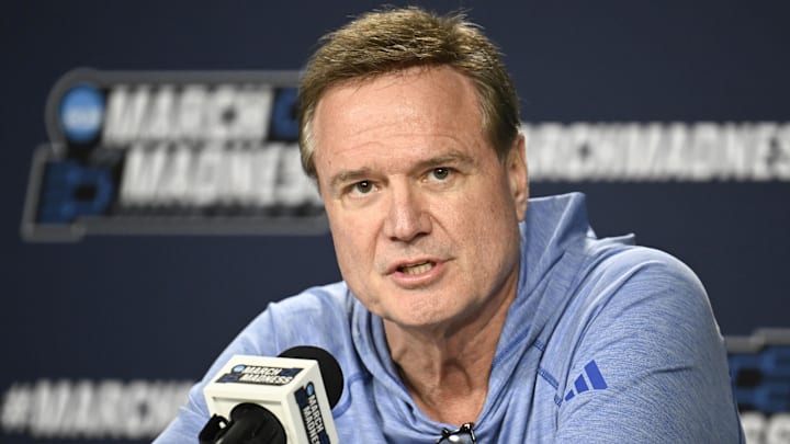 Mar 19, 2026; San Diego, CA, USA; Kansas Jayhawks head coach Bill Self speaks at a press conference ahead of the first round of the men's 2026 NCAA Tournament at Viejas Arena. Mandatory Credit: Denis Poroy-Imagn Images