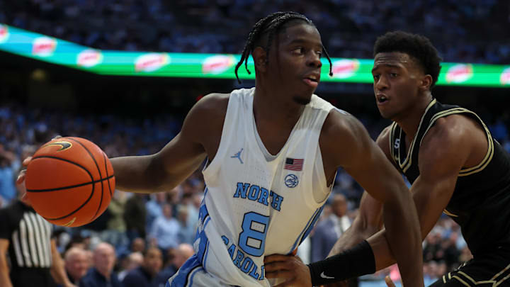 Jan 10, 2026; Chapel Hill, North Carolina, USA; North Carolina Tar Heels forward Caleb Wilson (8) goes to the basket against the Wake Forest Demon Deacons during the second half at Dean E. Smith Center. Mandatory Credit: Cory Knowlton-Imagn Images