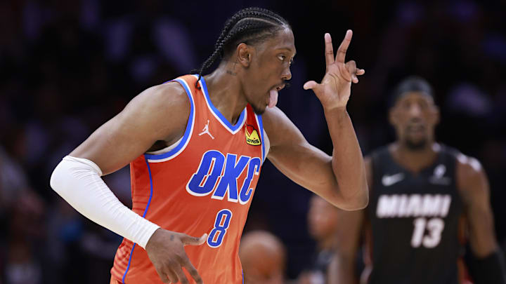 Dec 20, 2024; Miami, Florida, USA;  Oklahoma City Thunder forward Jalen Williams (8) reacts after a three-point basket against the Miami Heat during the second half at Kaseya Center