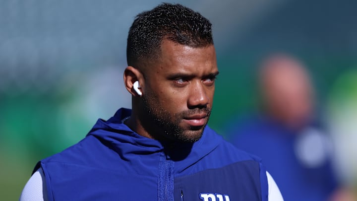 Oct 26, 2025; Philadelphia, Pennsylvania, USA; New York Giants quarterback Russell Wilson before a game against the Philadelphia Eagles at Lincoln Financial Field.
