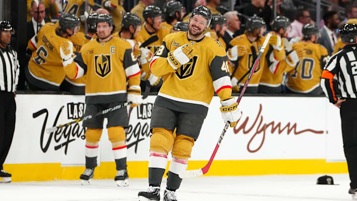 Mar 22, 2025; Las Vegas, Nevada, USA; Vegas Golden Knights center Tomas Hertl (48) reacts after scoring his third goal of the game against the Detroit Red Wings during the second period at T-Mobile Arena. Mandatory Credit: Stephen R. Sylvanie-Imagn Images