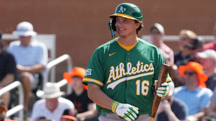 Feb 23, 2026; Scottsdale, Arizona, USA; Athletics first baseman Nick Kurtz (16) in the first inning against the San Francisco Giants at Scottsdale Stadium. Mandatory Credit: Rick Scuteri-Imagn Images