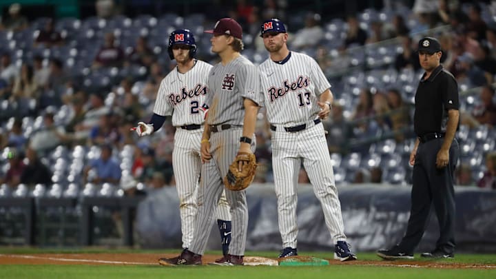 University of Mississippi baseball player Austin Hawley (24) signals to coaching staff from first base during the Governor’s Cup played against Mississippi State University at Trustmark Park on April 22, 2025, in Pearl, Miss.