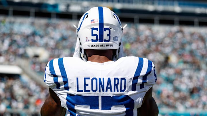 Oct 15, 2023; Jacksonville, Florida, USA; Indianapolis Colts linebacker Shaquille Leonard (53) against the Jacksonville Jaguars at EverBank Stadium. Mandatory Credit: Morgan Tencza-Imagn Images Oct 15, 2023; Jacksonville, Florida, USA; Indianapolis Colts linebacker Shaquille Leonard (53) against the Jacksonville Jaguars at EverBank Stadium. Mandatory Credit: Morgan Tencza-Imagn Images