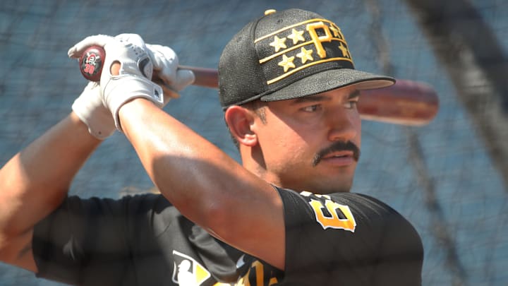 Jul 19, 2025; Pittsburgh, Pennsylvania, USA;  Pittsburgh Pirates second baseman Nick Gonzales (39) in the batting cage before the game against the Chicago White Sox at PNC Park. Mandatory Credit: Charles LeClaire-Imagn Images