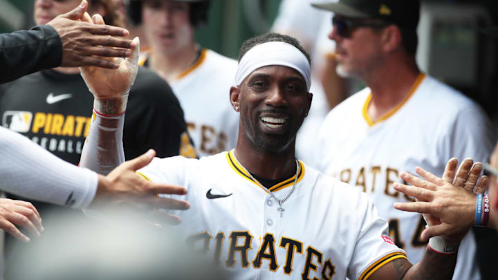 Jun 29, 2025; Pittsburgh, Pennsylvania, USA; Pittsburgh Pirates designated hitter Andrew McCutchen (22) high-fives in the dugout after scoring a run against the New York Mets during first inning at PNC Park. Mandatory Credit: Charles LeClaire-Imagn Images Jun 29, 2025; Pittsburgh, Pennsylvania, USA; Pittsburgh Pirates designated hitter Andrew McCutchen (22) high-fives in the dugout after scoring a run against the New York Mets during first inning at PNC Park. Mandatory Credit: Charles LeClaire-Imagn Images