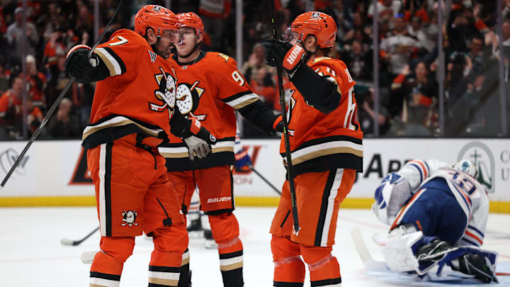 Apr 24, 2026; Anaheim, California, USA;  Anaheim Ducks left wing Alex Killorn (left) celebrates with center Mikael Granlund (right) after scoring a goal during the second period against the Edmonton Oilers in game three of the first round of the 2026 Stanley Cup Playoffs at Honda Center. Mandatory Credit: Kiyoshi Mio-Imagn Images