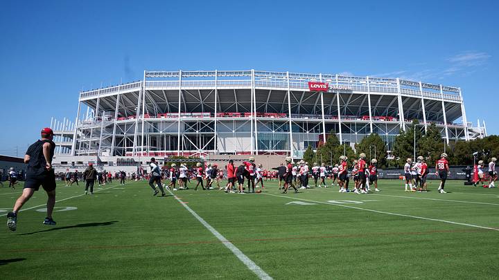 Jul 27, 2023; Santa Clara, CA, USA; A general view of San Francisco 49ers training camp and Levi's Stadium at the SAP Performance Facility. Mandatory Credit: Robert Edwards-Imagn Images