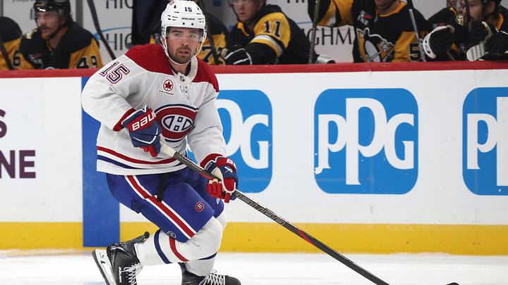 Montreal Canadiens center Alex Newhook (15) skates with the puck against the Pittsburgh Penguins during the third period at PPG Paints Arena.  Mandatory Credit: Charles LeClaire-Imagn Images