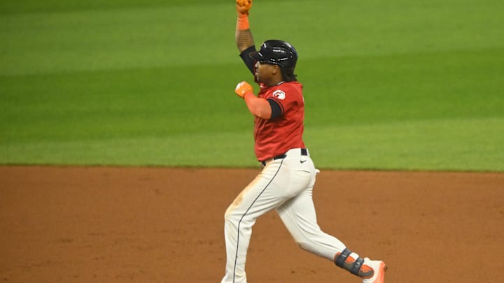 Sep 25, 2024; Cleveland, Ohio, USA; Cleveland Guardians third baseman Jose Ramirez (11) celebrates his three-run home run in the eighth inning against the Cincinnati Reds at Progressive Field. Mandatory Credit: David Richard-Imagn Images