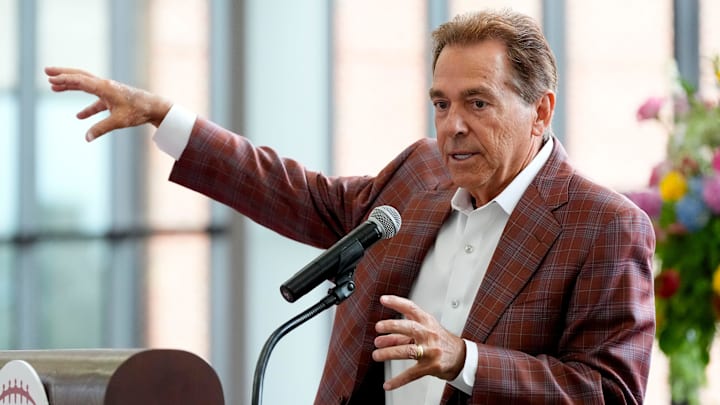 Aug. 5, 2025; Tuscaloosa, AL, USA; Nick Saban speaks during the Nick’s Kids Foundation Luncheon at Bryant-Denny Stadium.