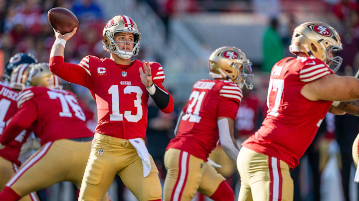 Dec 8, 2024; Santa Clara, California, USA; San Francisco 49ers quarterback Brock Purdy (13) throws a pass during the first quarter against the Chicago Bears at Levi's Stadium. Mandatory Credit: Bob Kupbens-Imagn Images