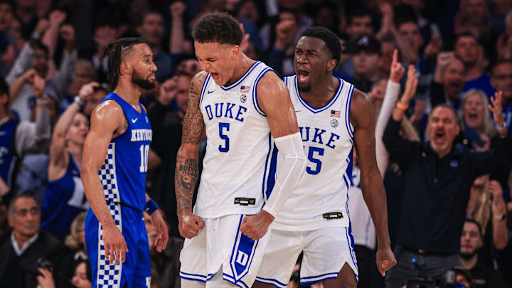 Nov 9, 2021; New York, New York, USA; Duke Blue Devils forward Paolo Banchero (5) reacts after