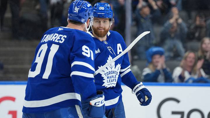 Apr 13, 2026; Toronto, Ontario, CAN; Toronto Maple Leafs right wing William Nylander (88) scores a goal and celebrates with center John Tavares (91) against the Dallas Stars during the first period at Scotiabank Arena. Mandatory Credit: Nick Turchiaro-Imagn Images