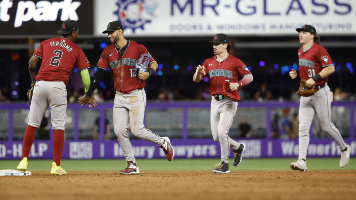 Aug 21, 2024; Miami, Florida, USA;  The Arizona Diamondbacks celebrate after defeating the Miami Marlins at loanDepot Park. Mandatory Credit: Rhona Wise-USA TODAY Sports