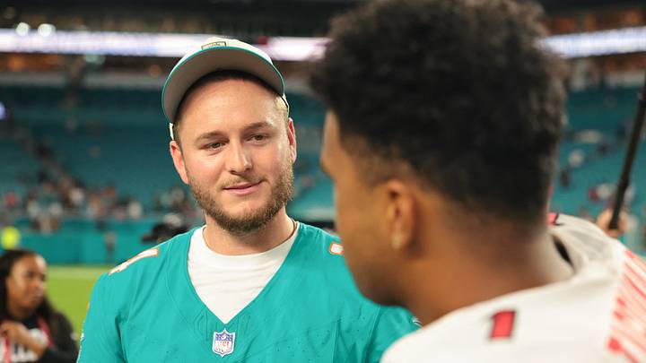 Aug 28, 2026; Miami Gardens, Florida, USA; Miami Dolphins quarterback Quinn Ewers (14) speaks to Atlanta Falcons quarterback Tua Tagovailoa (1) after the game at Hard Rock Stadium. Mandatory Credit: Sam Navarro-Imagn Images