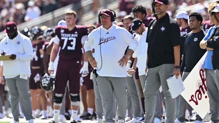 Texas A&M Aggies head coach Mike Elko looks on in the first quarter against the Missouri Tigers at Kyle Field.