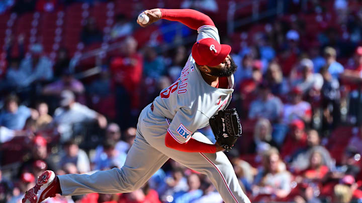 Alvarado throws in relief in the ninth inning against the St. Louis Cardinals.