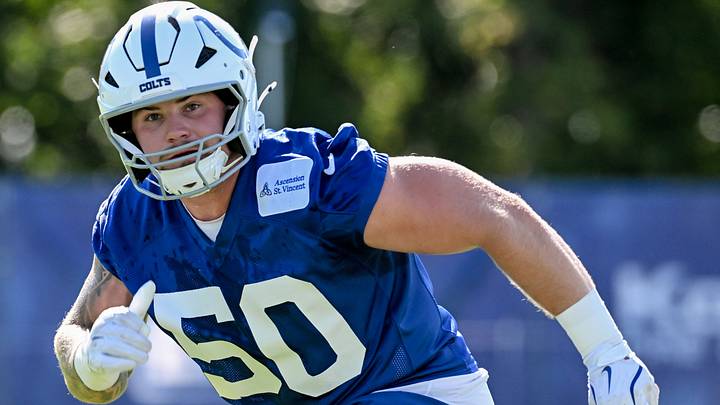 Jul 30, 2026; Westfield, IN, USA; Indianapolis Colts linebacker Bryce Boettcher (50) participates in a drill on day two of training camp at Grand Park Sports Campus. Mandatory Credit: Robert Goddin-Imagn Images Jul 30, 2026; Westfield, IN, USA; Indianapolis Colts linebacker Bryce Boettcher (50) participates in a drill on day two of training camp at Grand Park Sports Campus. Mandatory Credit: Robert Goddin-Imagn Images