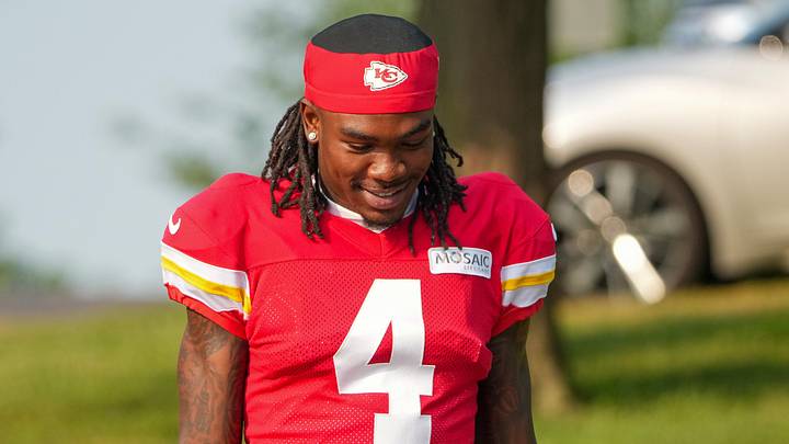 Jul 26, 2024; Kansas City, MO, USA; Kansas City Chiefs wide receiver Rashee Rice (4) walks down the hill from the locker room to the fields prior to training camp at Missouri Western State University. Mandatory Credit: Denny Medley-Imagn Images