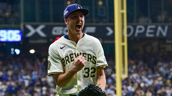 Oct 6, 2025; Milwaukee, Wisconsin, USA; Milwaukee Brewers pitcher Jacob Misiorowski (32) celebrates after retiring the side during the third inning against the Chicago Cubs during game two of the NLDS round for the 2025 MLB playoffs at American Family Field. Mandatory Credit: Benny Sieu-Imagn Images Oct 6, 2025; Milwaukee, Wisconsin, USA; Milwaukee Brewers pitcher Jacob Misiorowski (32) celebrates after retiring the side during the third inning against the Chicago Cubs during game two of the NLDS round for the 2025 MLB playoffs at American Family Field. Mandatory Credit: Benny Sieu-Imagn Images
