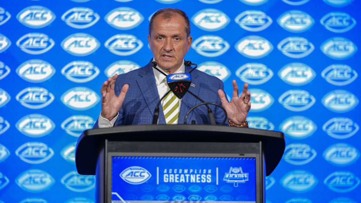 Jul 22, 2025; Charlotte, NC, USA; ACC commissioner Jim Phillips speaks to the media during ACC Media Days at Hilton Charlotte Uptown. Mandatory Credit: Jim Dedmon-Imagn Images Jul 22, 2025; Charlotte, NC, USA; ACC commissioner Jim Phillips speaks to the media during ACC Media Days at Hilton Charlotte Uptown. Mandatory Credit: Jim Dedmon-Imagn Images
