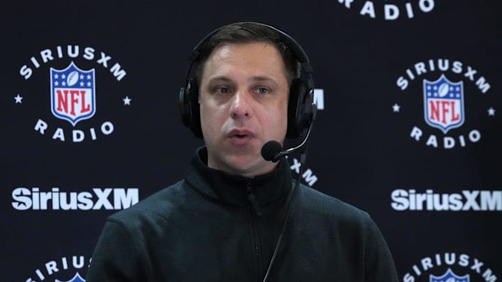 Feb 27, 2024; Indianapolis, IN, USA; Kansas City Chiefs general manager Brett Veach on the SiriusXM radio set at the NFL Scouting Combine at Indiana Convention Center. Mandatory Credit: Kirby Lee-Imagn Images
