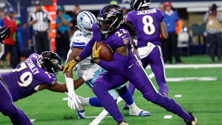 Sep 22, 2024; Arlington, Texas, USA; Baltimore Ravens running back Derrick Henry (22) rushes during the second quarter against the Dallas Cowboys at AT&T Stadium. Mandatory Credit: Andrew Dieb-Imagn Images