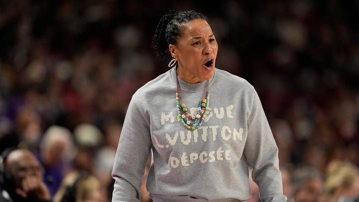 Mar 7, 2026; Greenville, SC, USA; South Carolina Gamecocks head coach Dawn Staley reacts to a call during the second half against the Louisiana State Tigers at Bon Secours Wellness Arena. Mandatory Credit: Jim Dedmon-Imagn Images