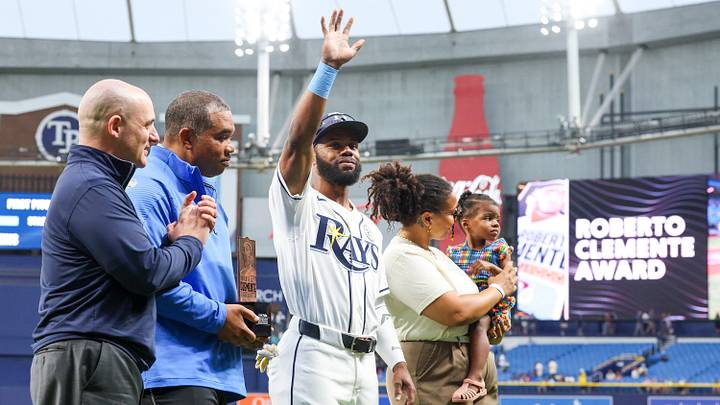 Sep 15, 2026; St. Petersburg, Florida, USA; Tampa Bay Rays center fielder Cedric Mullins (31) receives the Roberto Clemente nomination before a game against the Athletics at Tropicana Field. Mandatory Credit: Nathan Ray Seebeck-Imagn Images Sep 15, 2026; St. Petersburg, Florida, USA; Tampa Bay Rays center fielder Cedric Mullins (31) receives the Roberto Clemente nomination before a game against the Athletics at Tropicana Field. Mandatory Credit: Nathan Ray Seebeck-Imagn Images