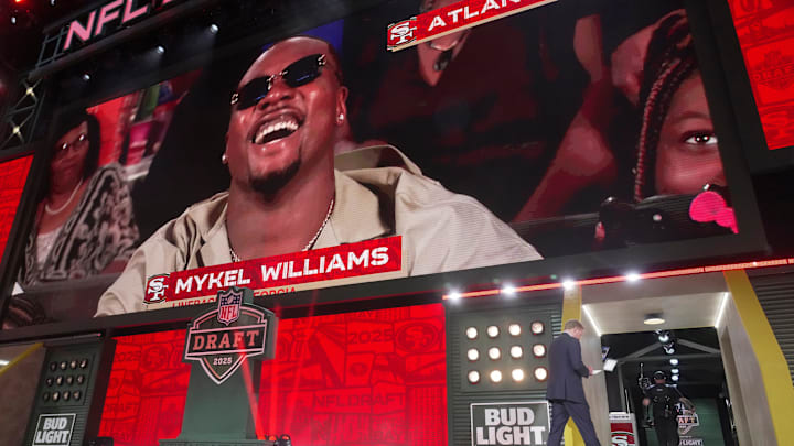 Mykel Williams, DE, Georgia was selected 11th overall by the San Francisco 49ers during the first round of the 2025 NFL Draft at Lambeau Field on April 24, 2025 in Green Bay, Wisconsin.