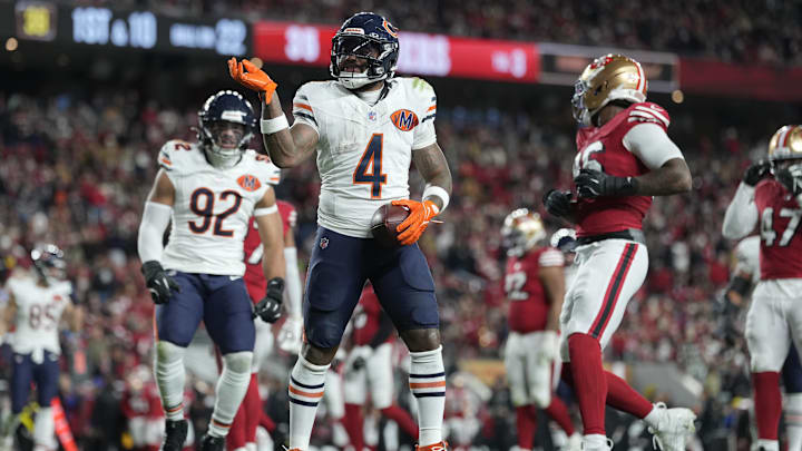 Dec 28, 2025; Santa Clara, California, USA; Chicago Bears running back D'Andre Swift (4) celebrates after scoring a touchdown against the San Francisco 49ers in the second half at Levi's Stadium. Mandatory Credit: Kyle Terada-Imagn Images