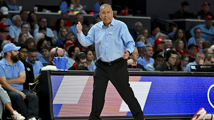 Feb 1, 2025; Houston, Texas, USA; Houston Cougars head coach Kelvin Sampson reacts during the first half against the Texas Tech Red Raiders at Fertitta Center. Mandatory Credit: Maria Lysaker-Imagn Images 