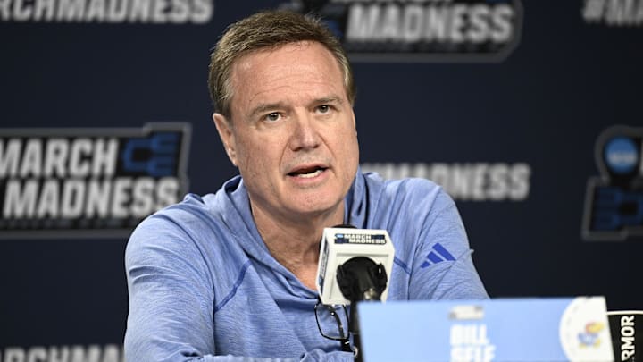 Mar 19, 2026; San Diego, CA, USA; Kansas Jayhawks head coach Bill Self speaks at a press conference ahead of the first round of the men's 2026 NCAA Tournament at Viejas Arena. Mandatory Credit: Denis Poroy-Imagn Images Mar 19, 2026; San Diego, CA, USA; Kansas Jayhawks head coach Bill Self speaks at a press conference ahead of the first round of the men's 2026 NCAA Tournament at Viejas Arena. Mandatory Credit: Denis Poroy-Imagn Images