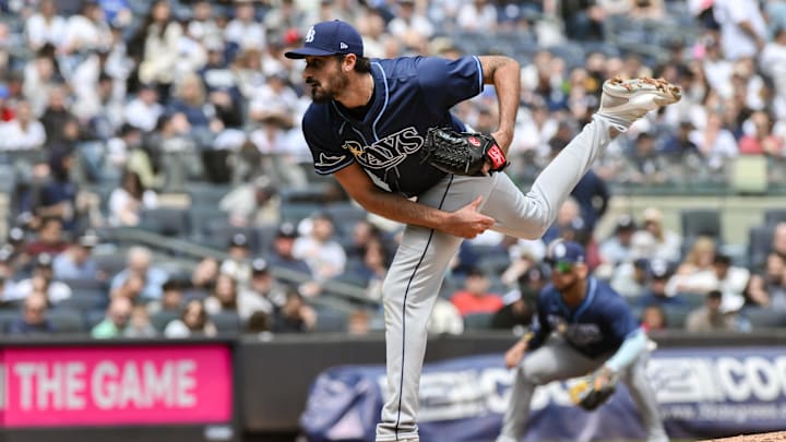 Apr 20, 2024; Bronx, New York, USA; Tampa Bay Rays pitcher Zach Eflin (24) pitchers against the New York Yankees during the first inning at Yankee Stadium. Mandatory Credit: John Jones-USA TODAY Sports Apr 20, 2024; Bronx, New York, USA; Tampa Bay Rays pitcher Zach Eflin (24) pitchers against the New York Yankees during the first inning at Yankee Stadium. Mandatory Credit: John Jones-USA TODAY Sports