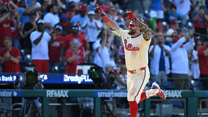 Aug 23, 2026; Philadelphia, Pennsylvania, USA; Philadelphia Phillies designated hitter Kyle Schwarber (12) celebrates his walk-off two-run home run during the ninth inning against the St. Louis Cardinals at Citizens Bank Park. Mandatory Credit: Eric Hartline-Imagn Images Aug 23, 2026; Philadelphia, Pennsylvania, USA; Philadelphia Phillies designated hitter Kyle Schwarber (12) celebrates his walk-off two-run home run during the ninth inning against the St. Louis Cardinals at Citizens Bank Park. Mandatory Credit: Eric Hartline-Imagn Images